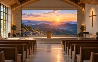 Church LED wall showing scenic imagery behind a worship stage