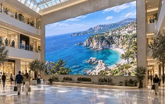 Large indoor LED display showing scenic video in a shopping mall atrium