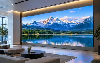 Indoor LED display showing a mountain landscape in a commercial showroom