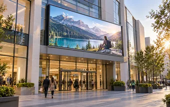 Modular LED screen panels forming a large outdoor display on a shopping mall facade