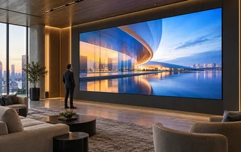 LED video wall panels forming a seamless display in a corporate presentation space