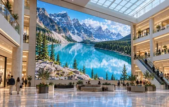 Modular LED video wall panels forming a large indoor display in a shopping mall atrium