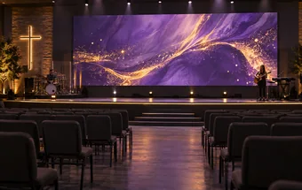 Stage LED screen displaying visual backgrounds for a church worship event