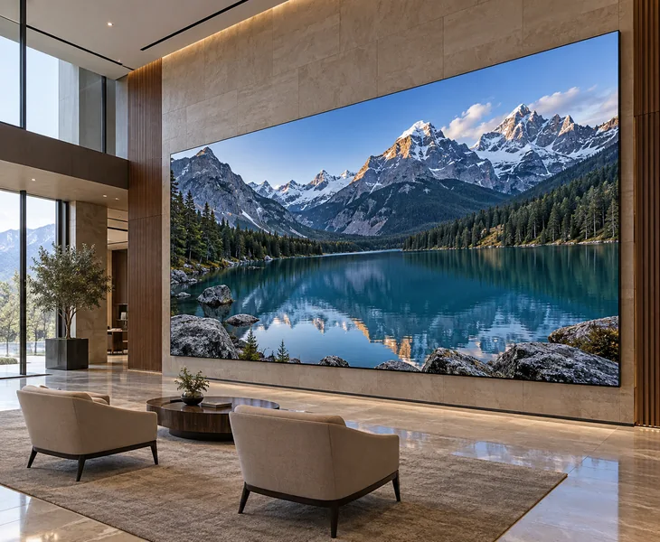 Large seamless COB LED display showing detailed landscape imagery in a corporate experience center