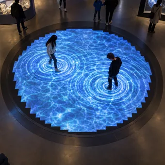 A circular finished interactive floor with a stepped LED cabinet layout inside its perimeter