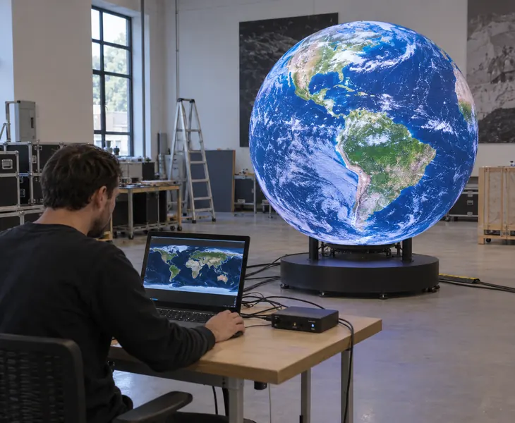 A technician preparing mapped Earth imagery for a spherical LED display