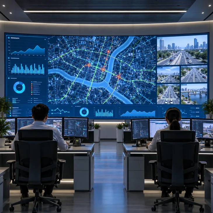 Fine pitch LED video wall displaying maps and monitoring dashboards in a control room