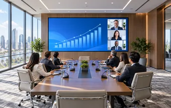 A fine pitch LED wall displaying presentation content in a meeting room