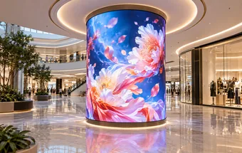 A flexible LED display wrapped around a curved column inside a shopping mall