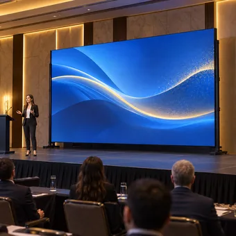 A permanent indoor LED display supported by a floor-mounted frame on a conference stage