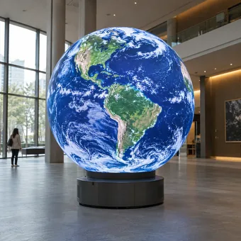 A full spherical LED display showing Earth imagery on a floor-mounted pedestal