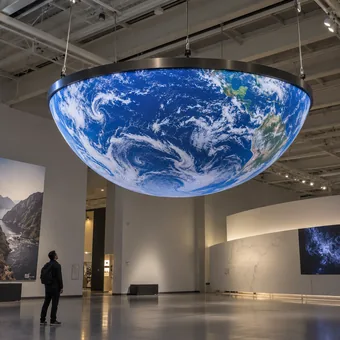 A hemispherical LED dome suspended from the ceiling with imagery on its convex surface