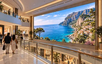A large indoor LED display showing scenic imagery inside a shopping mall