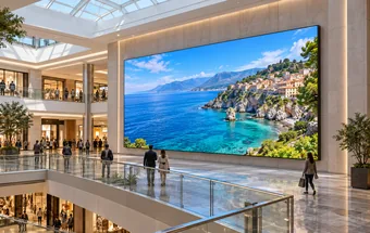 Large indoor LED display showing scenic content in a shopping mall
