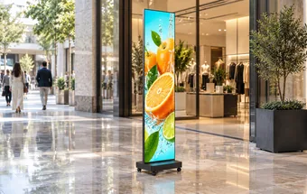 A freestanding LED poster showing promotional imagery at a retail entrance