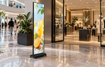 Freestanding LED poster displaying promotional imagery at a retail entrance