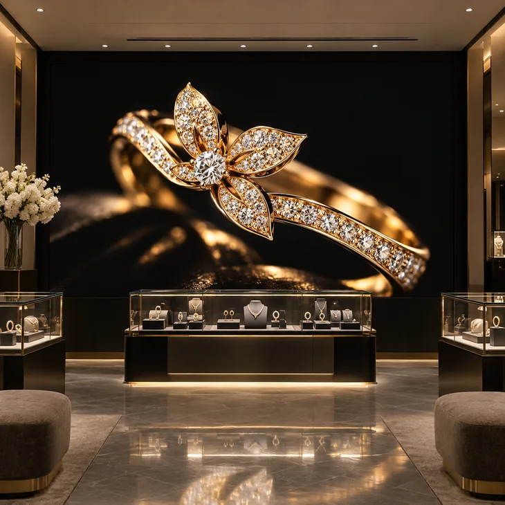 Fine pitch LED display showing jewelry details against deep blacks in a luxury boutique