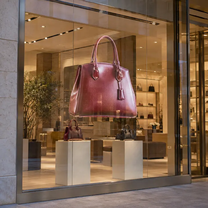 A luxury boutique window with transparent LED film imagery and handbags visible behind the glass