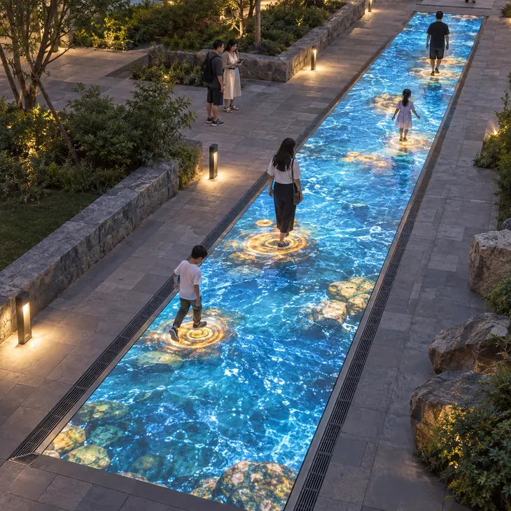 Visitors following an outdoor interactive LED walkway at dusk