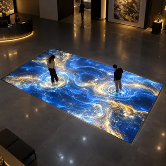 A rectangular interactive LED floor with continuous graphics in an exhibition space