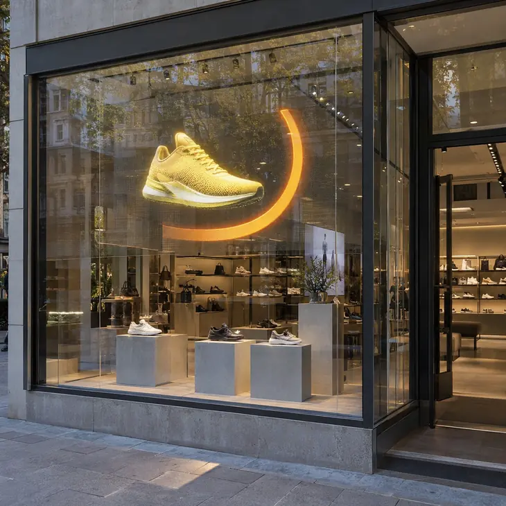 Transparent LED film on a retail window showing a product graphic above visible merchandise