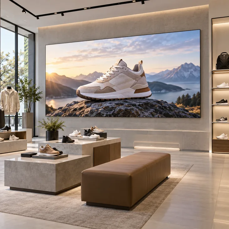 Fine pitch LED display showing promotional product imagery in a retail store