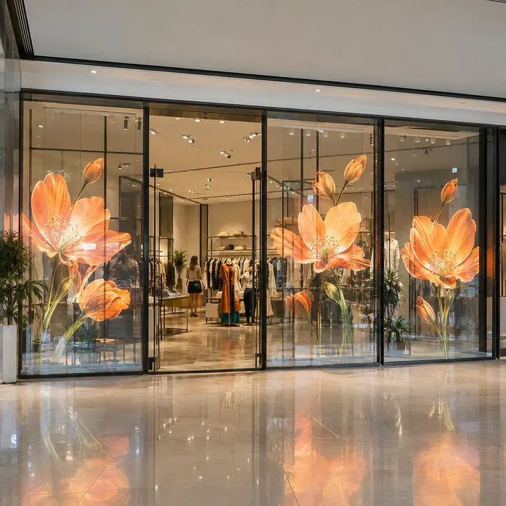 Transparent LED film across glazed mall storefront sections with the shop entrance kept clear