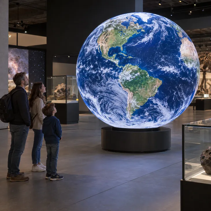 A spherical LED globe displaying Earth and weather imagery in a science museum