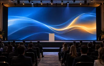 Stage LED screen used as a visual backdrop for a corporate product launch
