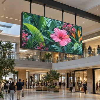 An indoor fixed LED display suspended above a shopping mall walkway