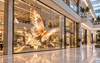 Transparent LED film displaying butterfly visuals on glass while the interior remains visible