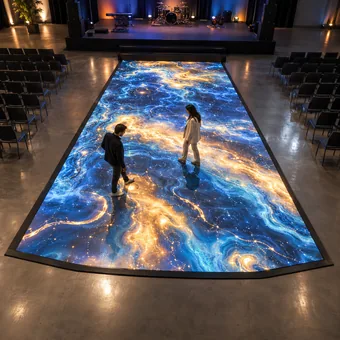 A tapered interactive LED floor extending from a stage toward the audience