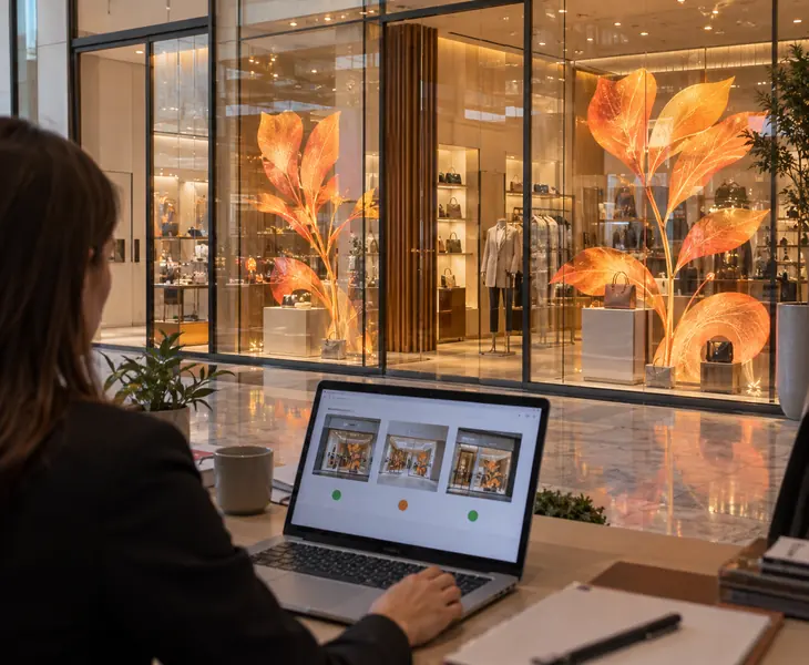 A staff member managing transparent LED film storefront content from a laptop