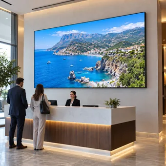 A wall mounted indoor fixed LED display above an office reception area