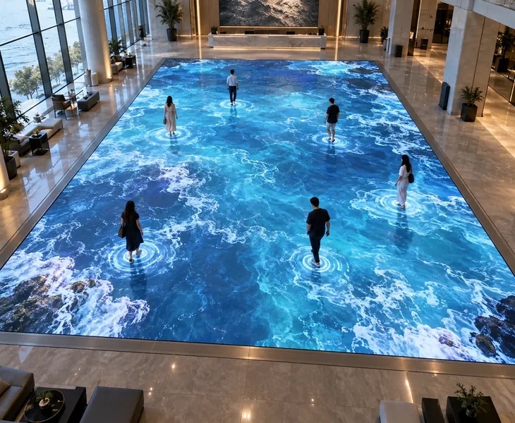 Visitors walking across a large interactive LED floor in a spacious event venue