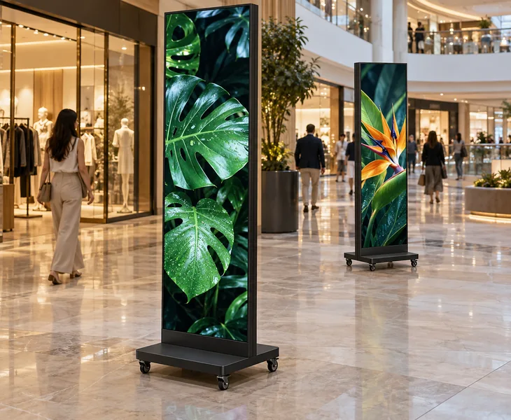 Portable LED poster displays on wheeled bases in a shopping mall